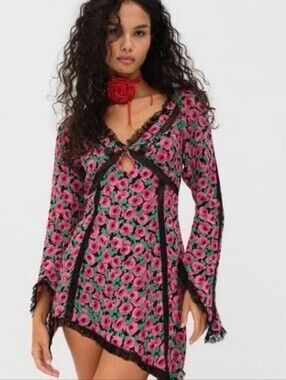 For Love & Lemons Floral Pink & Teal Lace Trim Tunic Dress
